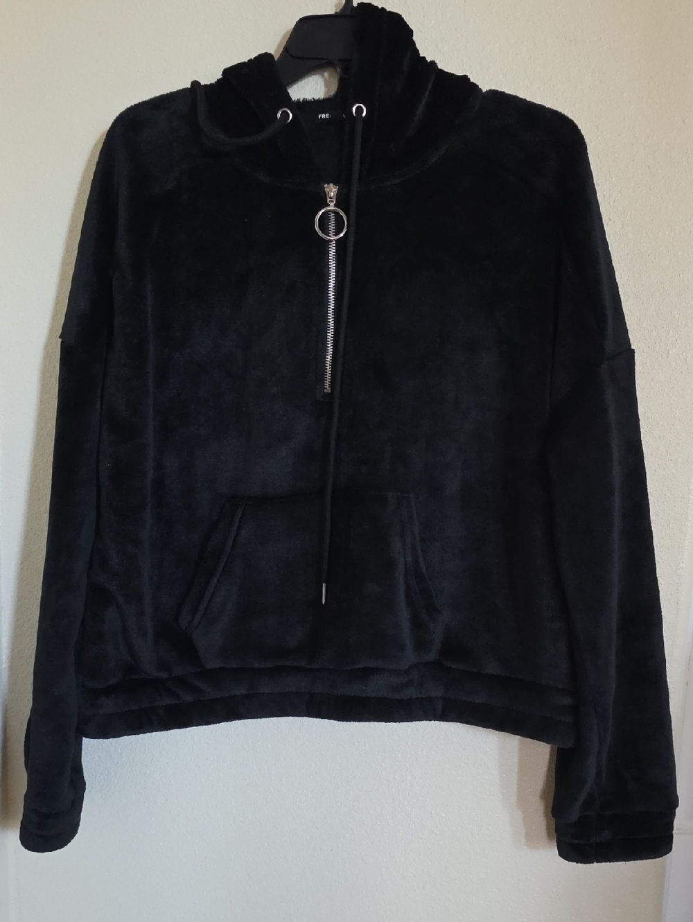 Black Plush Half-Zip Hooded Pullover. Size L